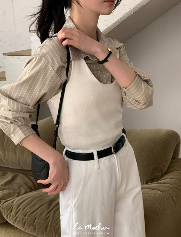 掛脖低領水洗坑條棉背心